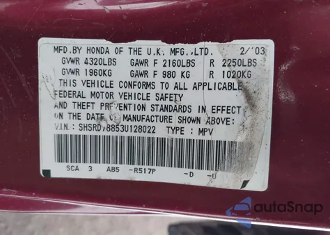 2003 Honda Cr-V Ex z USA, uszkodzony, nr VIN SHSRD78853U128022